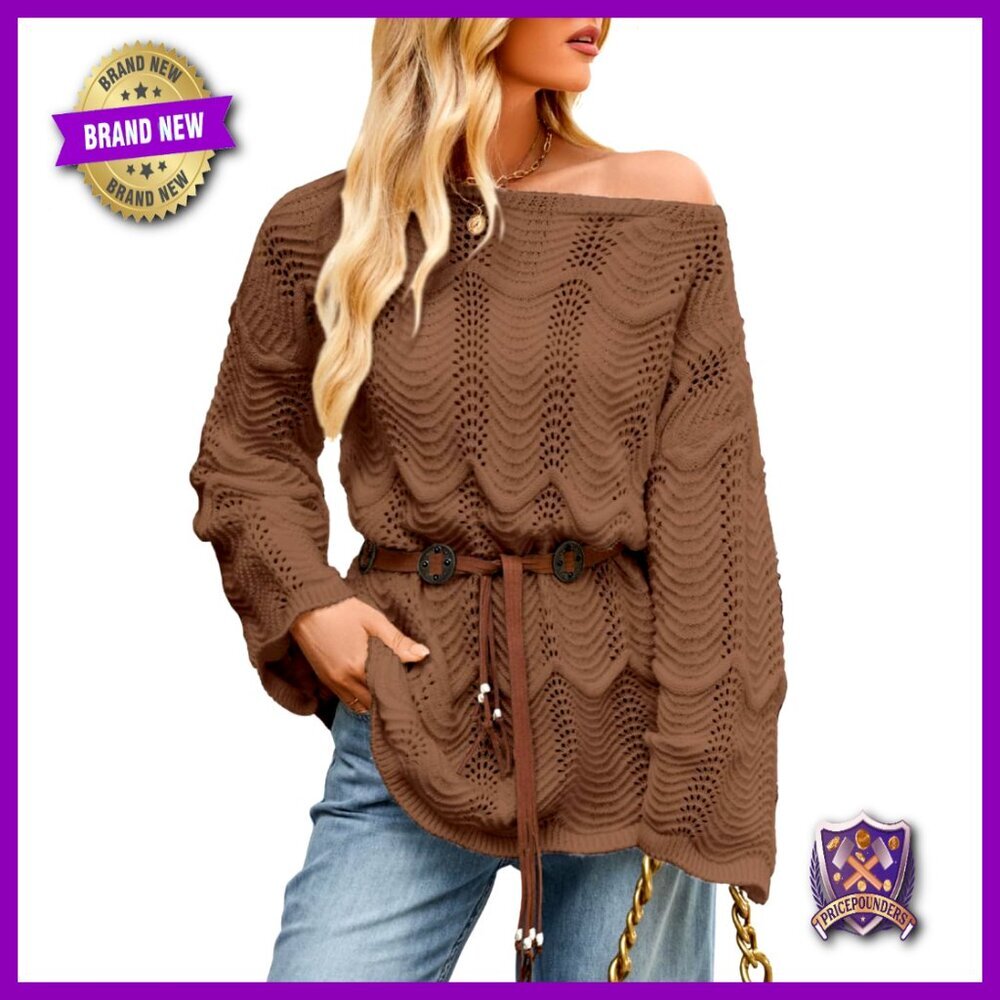 Oversized Tunic Sweater with Belt, Textured Knit, Off Shoulder, Long Sleeve